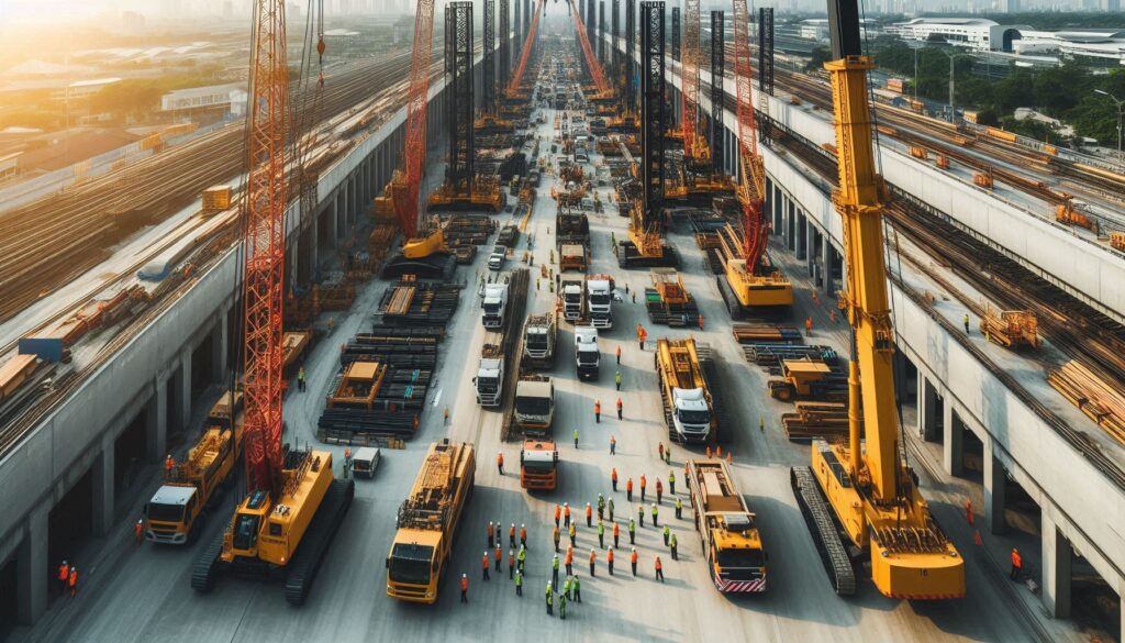 A fleet of heavy construction equipment including cranes, boom trucks, and forklifts at a large cons